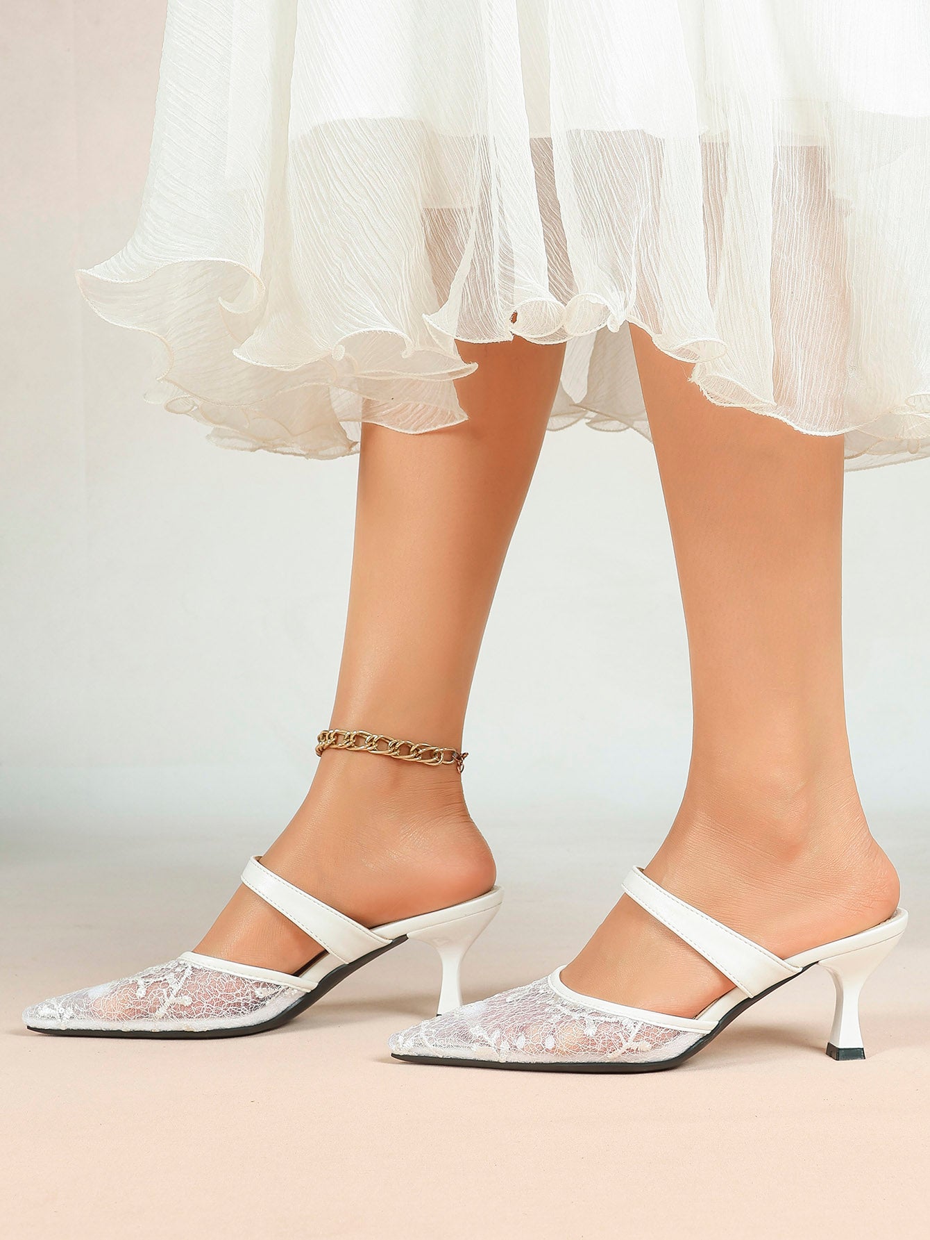 White Floral Lace Mule Heels Pointed Toe Kitten Heel Slip On Dress Shoes Wedding Party