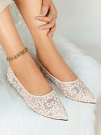 Women's Pointed Toe Daisy Embroidery Mesh Flats Slip On Elegant Summer Shoes for Bridal Casual Outfit