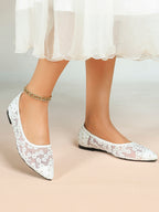 Women's Pointed Toe Daisy Embroidery Mesh Flats Slip On Elegant Summer Shoes for Bridal Casual Outfit