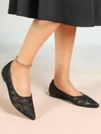 Black Mesh Ballet Flats Lace Pointed Toe Slip On Work Shoes Casual Outfits