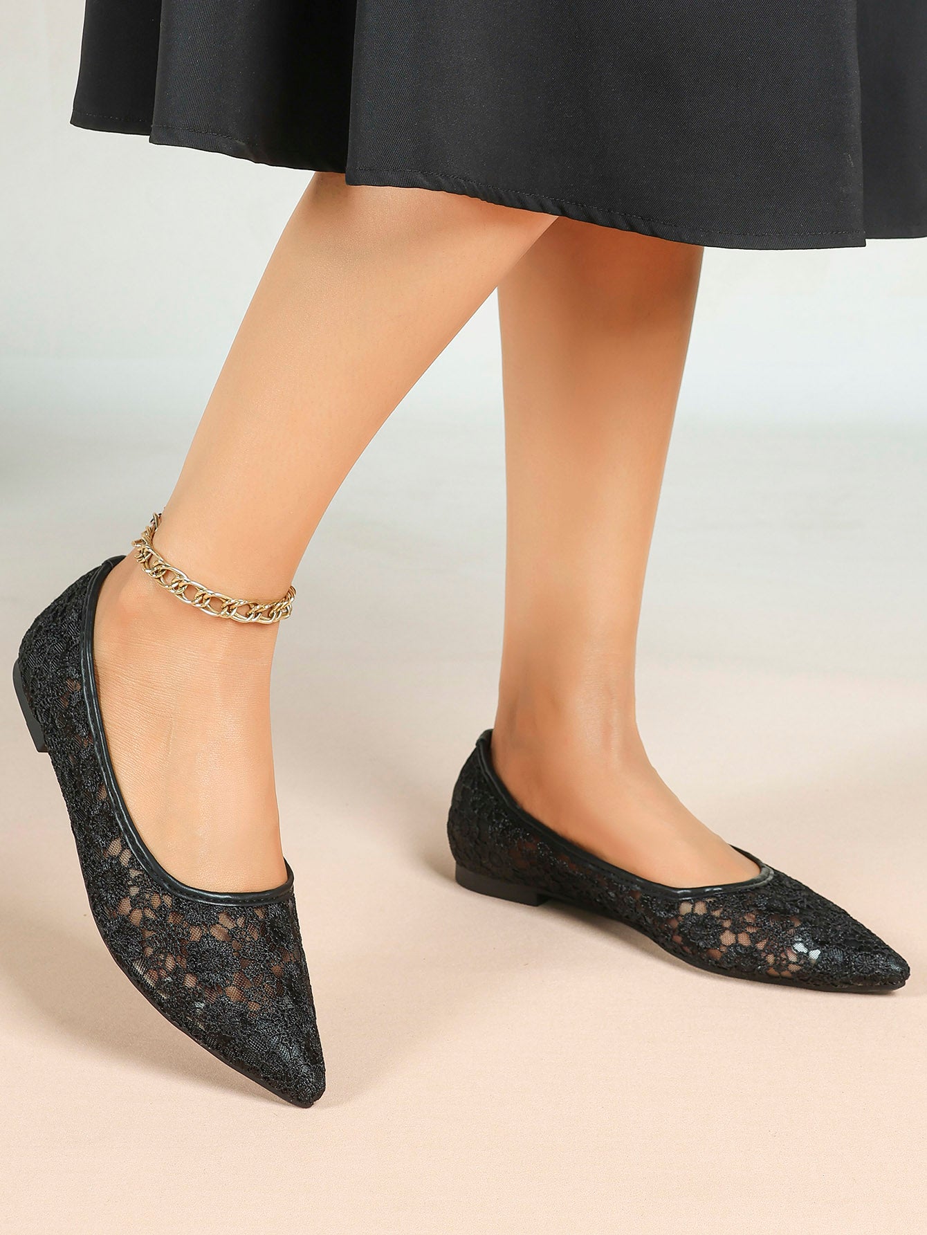 Black Mesh Ballet Flats Lace Pointed Toe Slip On Work Shoes Casual Outfits