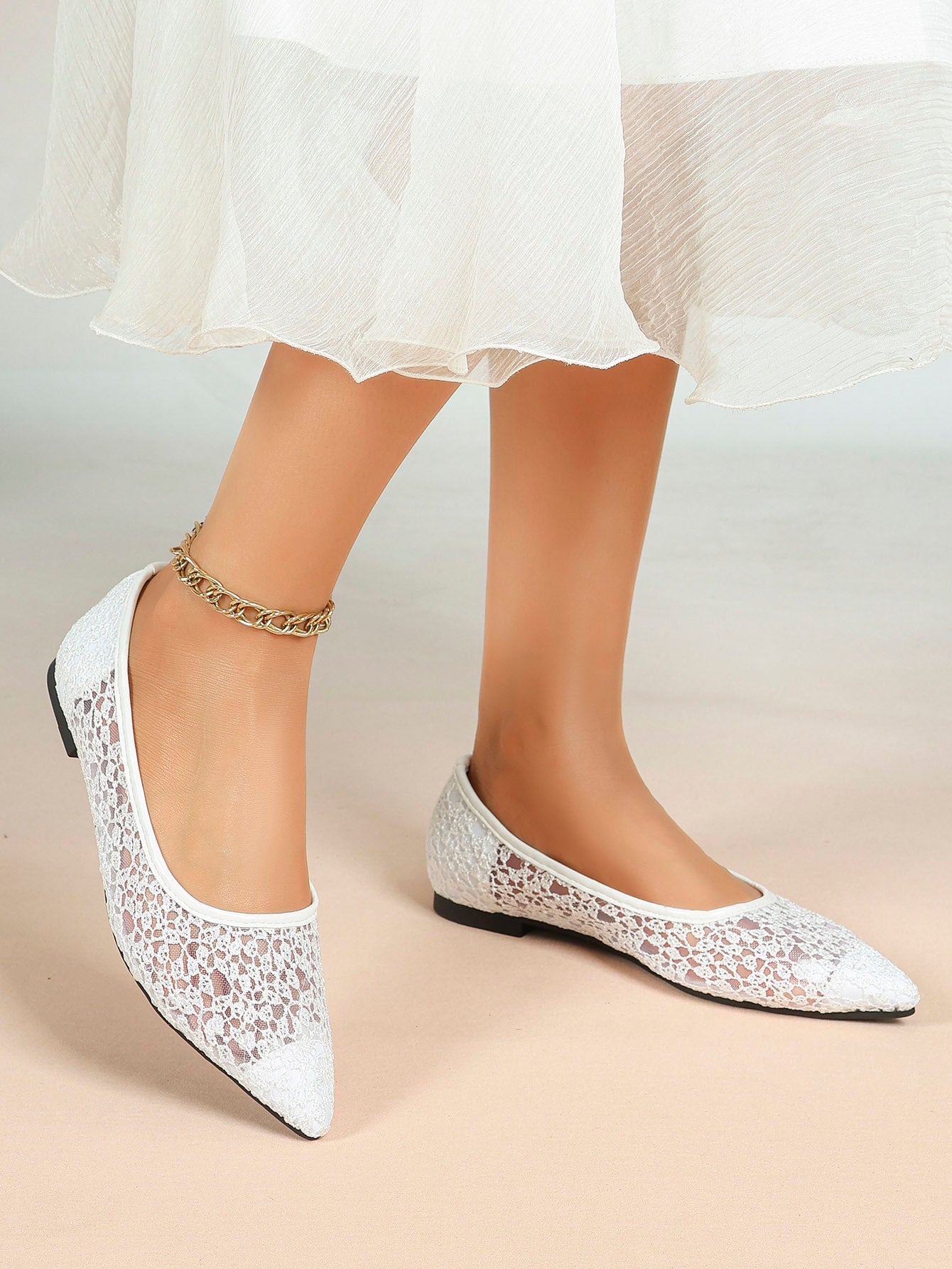 Women's Pointed Toe Mesh Lace Flats White Slip On Soft Shoes Bridal Ceremony Daily Outfit