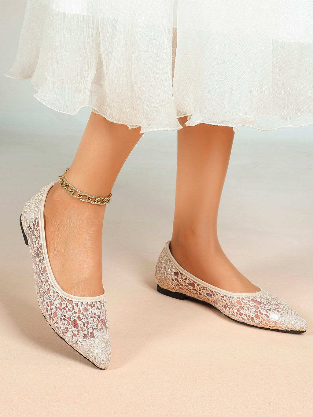 Women's Pointed Toe Mesh Lace Flats White Slip On Soft Shoes Bridal Ceremony Daily Outfit