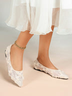 Women's White Lace Floral Ballet Flats Pointed Toe Slip-On Ballerina Dress Shoes