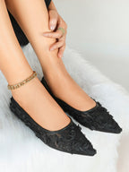 Women's White Lace Floral Ballet Flats Pointed Toe Slip-On Ballerina Dress Shoes