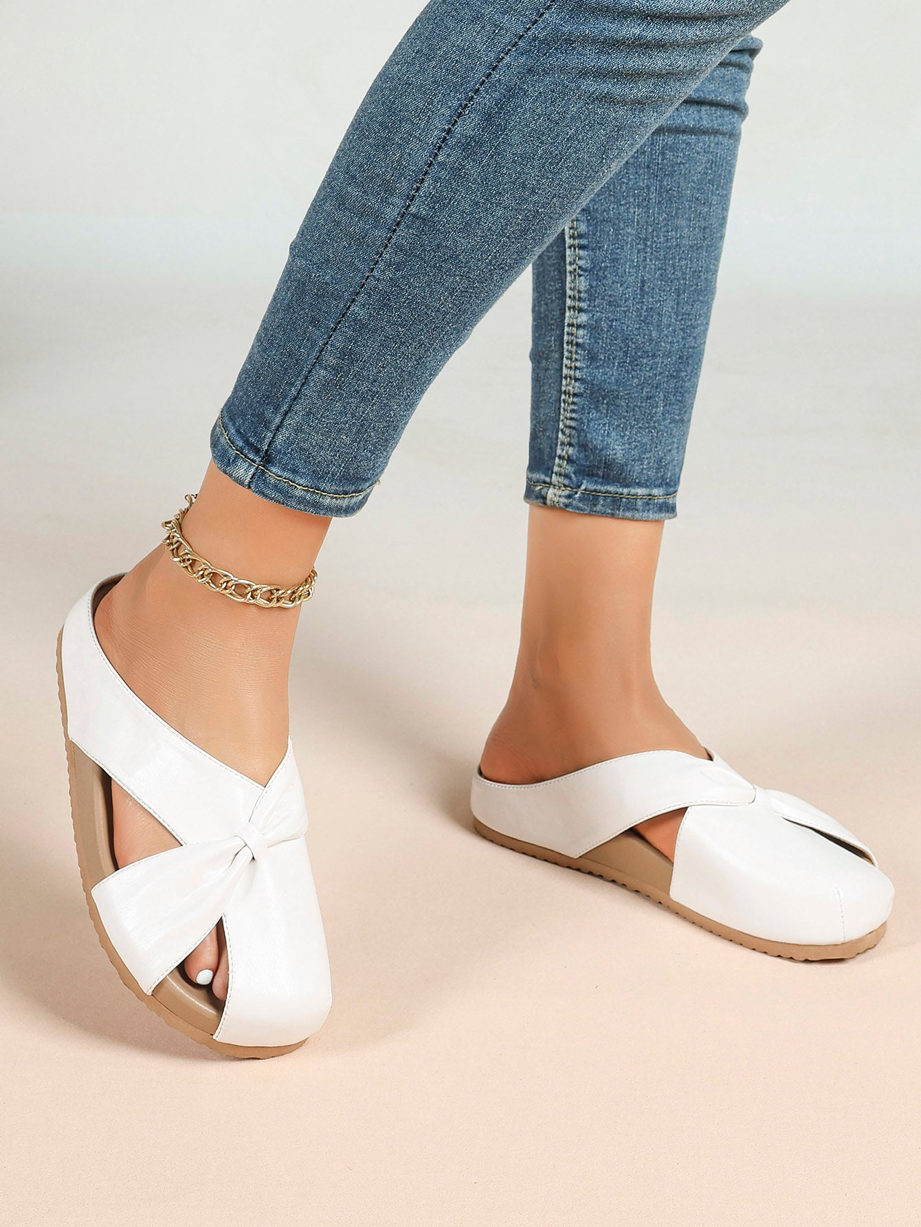 Women's White Faux Leather Knot Flat Mules Open Toe Slip-On Slide Sandals