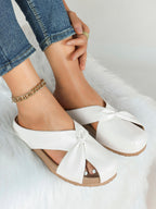 Women's White Faux Leather Knot Flat Mules Open Toe Slip-On Slide Sandals