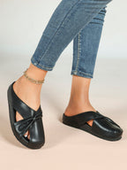 Women's White Faux Leather Knot Flat Mules Open Toe Slip-On Slide Sandals