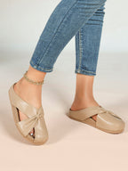 Women's White Faux Leather Knot Flat Mules Open Toe Slip-On Slide Sandals