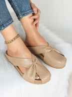 Women's White Faux Leather Knot Flat Mules Open Toe Slip-On Slide Sandals