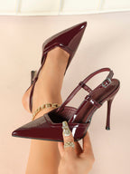 Brown Slingback Heels Pointed Toe Stiletto Pumps with T-Strap Office Business Meeting