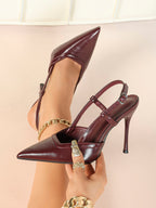 Brown Slingback Heels Pointed Toe Stiletto Pumps with T-Strap Office Business Meeting