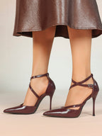 Crisscross Ankle Strap Stiletto Heels Pointed Toe Cutout Pumps Prom Party Evening