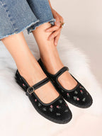 Women's Black Velvet Embroidered Mary Jane Flats Vintage Floral Slip On Shoes ISHIFIVAN