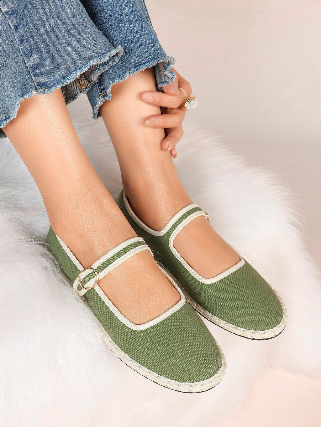 Women's Woven Mary Jane Flats Brown Trim Slip On Shoes Vacation Dailywear Shoes ISHIFIVAN