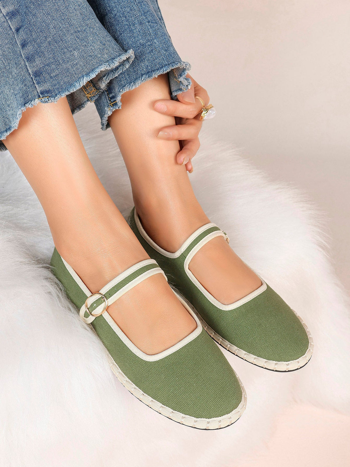 Women's Woven Mary Jane Flats Brown Trim Slip On Shoes Vacation Dailywear Shoes ISHIFIVAN