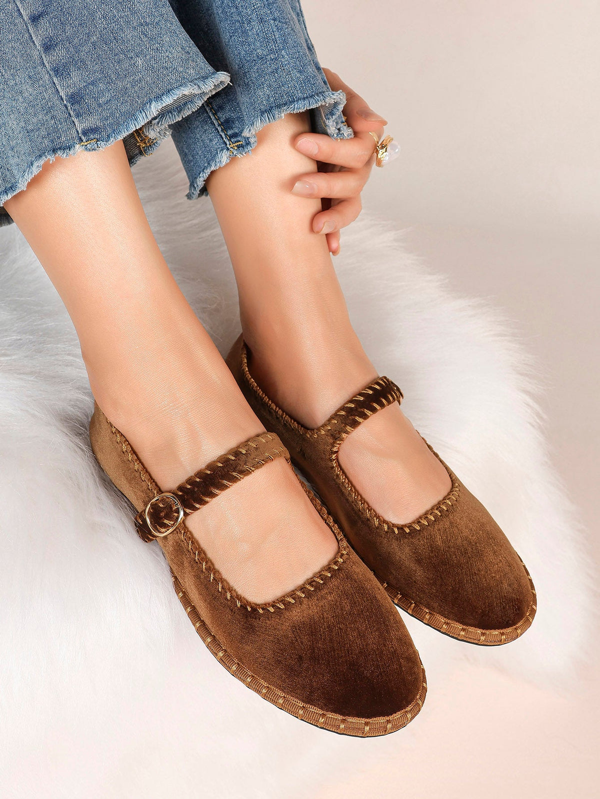 Brown Velvet Mary Jane Flats Slip On Weekend Casual Shoes ISHIFIVAN