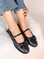 Black Quilted Leather Mary Jane Flats Bow Detail Slip On Shoes Casual Shoes ISHIFIVAN