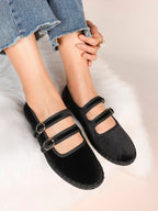 Women's Black Velvet Double-Strap Mary Jane Flats Pointed Toe Slip On Shoes Casual Shoes ISHIFIVAN
