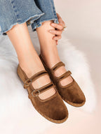 Women's Black Velvet Double-Strap Mary Jane Flats Pointed Toe Slip On Shoes Casual Shoes ISHIFIVAN