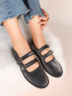 Women's Black Velvet Double-Strap Mary Jane Flats Pointed Toe Slip On Shoes Casual Shoes ISHIFIVAN