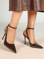 White Pointed Toe Slingback Heels Double Buckle Ankle Strap Pumps Stilettos Office Wedding Shoes