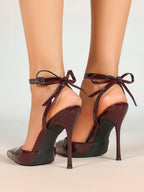 White Bow Ankle Strap Heels Pointed Toe Stiletto Pumps with Adjustable Buckle Engagement Party Office Shoes