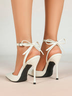White Bow Ankle Strap Heels Pointed Toe Stiletto Pumps with Adjustable Buckle Engagement Party Office Shoes