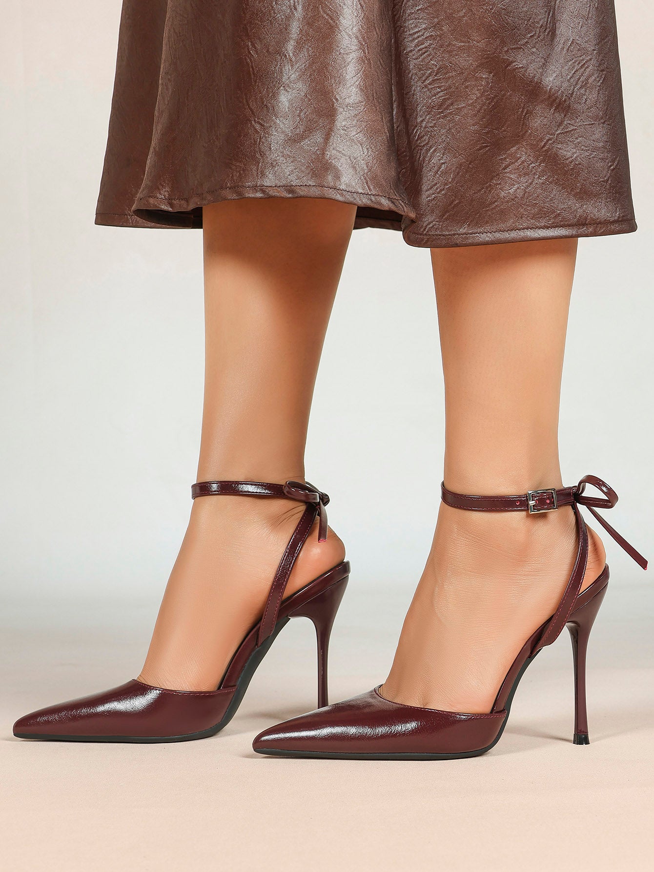 White Bow Ankle Strap Heels Pointed Toe Stiletto Pumps with Adjustable Buckle Engagement Party Office Shoes