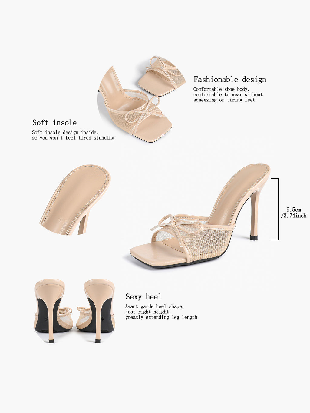 Pink Mesh Panel Bow Square Toe Heeled Mules Stiletto Slide Sandals Party Daily Wear