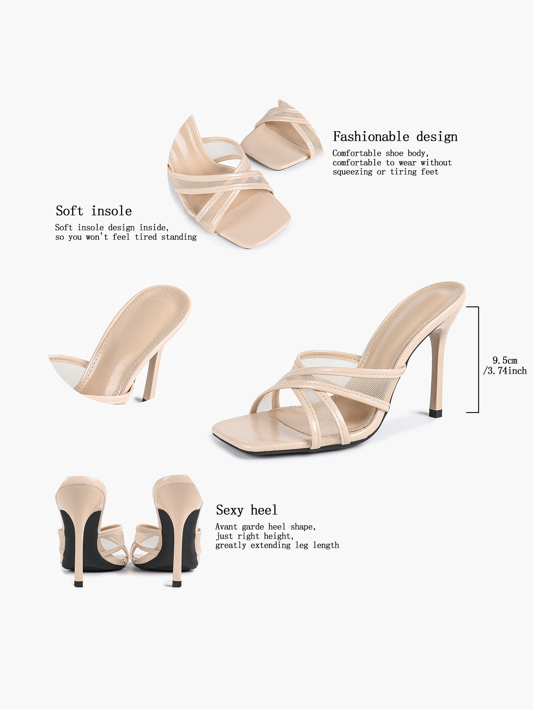 Mesh Panel Square Toe Heeled Mules Slide Sandals Party Clubwear