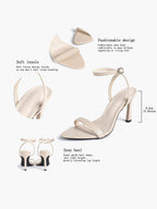Black Leather Square Toe Ankle Strap High Heel Sandals