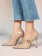 Elegant Nude Patent Pointed Stiletto Heels | Leather Strap with Gold Buckle ISHIFIVAN