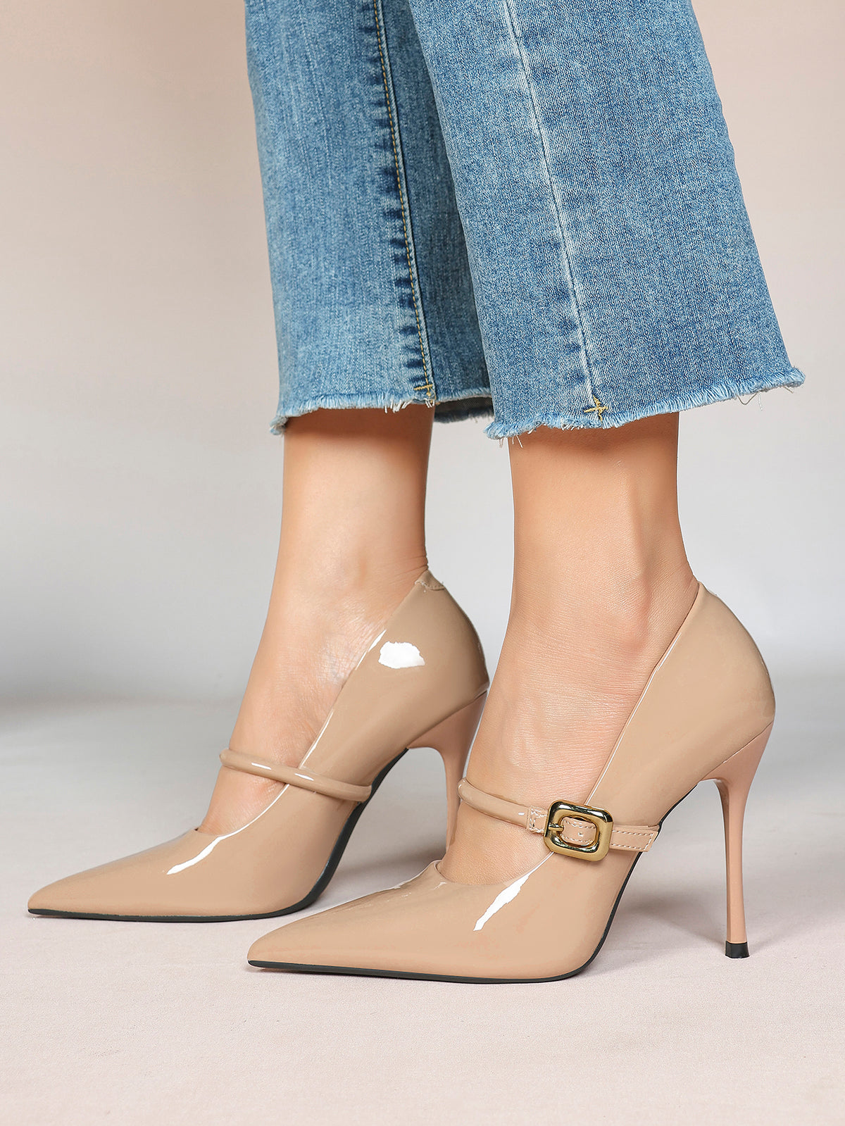 Elegant Nude Patent Pointed Stiletto Heels | Leather Strap with Gold Buckle ISHIFIVAN