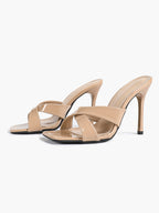 Women's Patent Leather Crisscross Strap High Heel Mules Square Toe Slip-On Stiletto Sandals