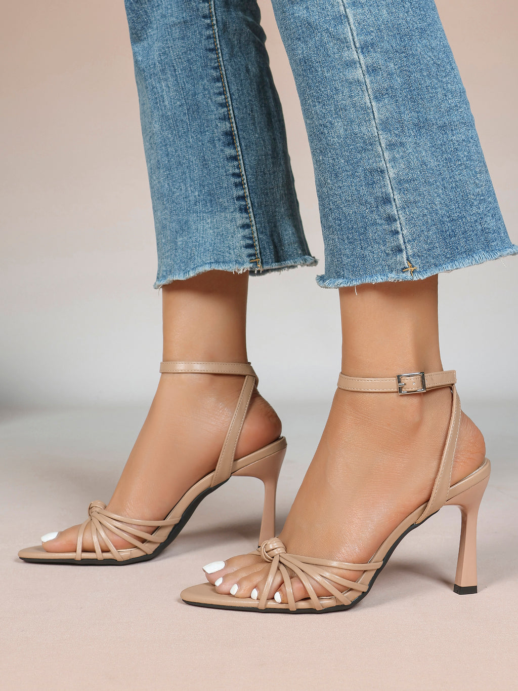 Gold Metallic Knotted Multi-Strap Open Toe Ankle Strap High Heel Sandals