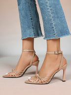 Gold Metallic Knotted Multi-Strap Open Toe Ankle Strap High Heel Sandals