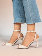 White Ankle Strap Open Toe Block Heeled Sandals - Wedding Party Office