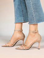 Black Leather Double Strap Heeled Sandals Open Toe - Casual Office Stiletto Pumps