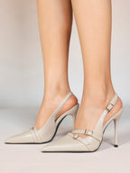 Leather Multi Buckle Slingback Pointed Toe Stiletto Heels-Elegant Dress Shoes