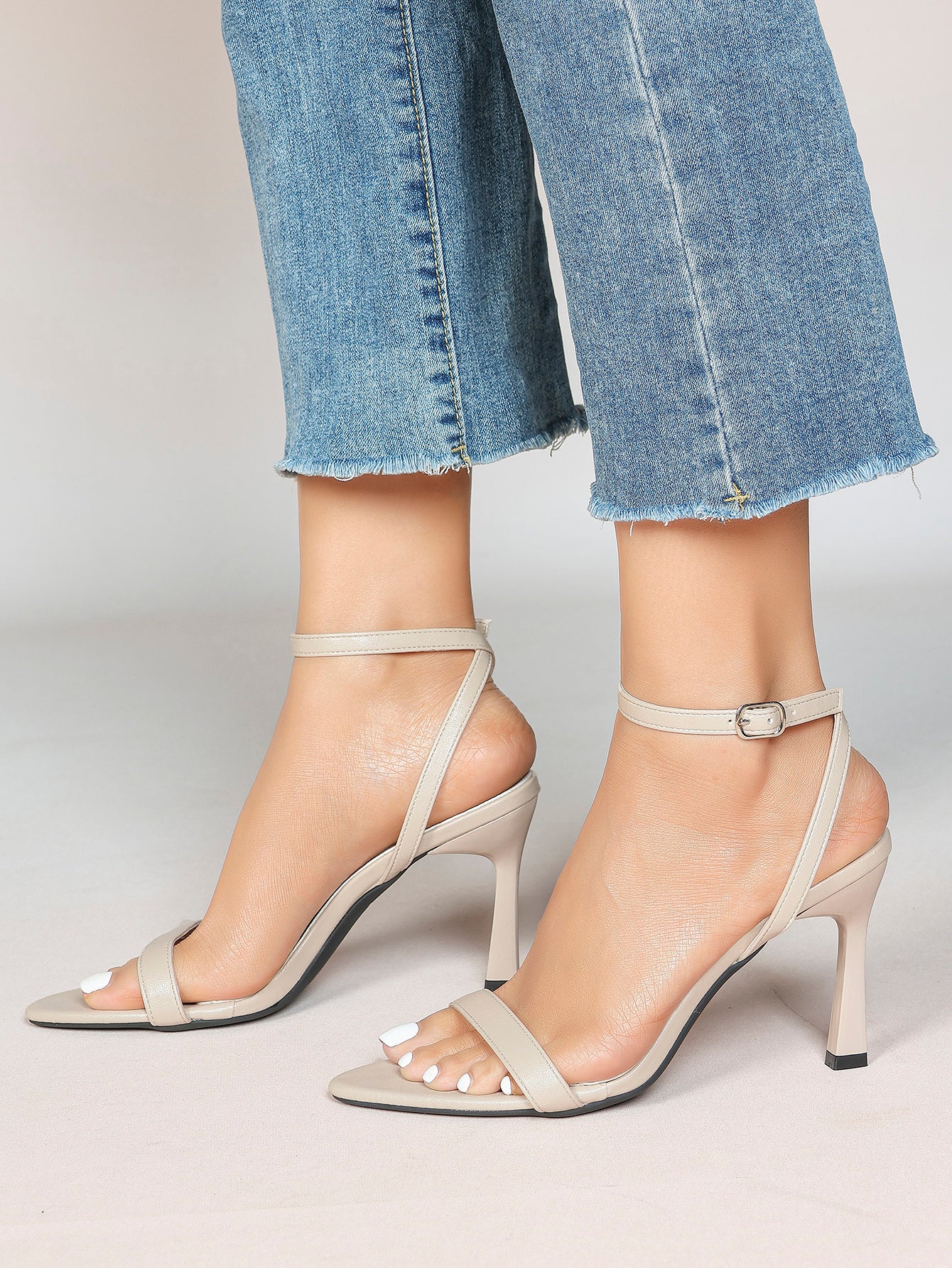 Black Leather Square Toe Ankle Strap High Heel Sandals