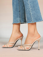 Mesh Panel Square Toe Heeled Mules Slide Sandals Party Clubwear