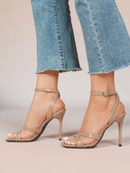 Silver Metallic Cross Strap Ankle Strap Heeled Sandals Stiletto Pumps  Evening Party