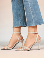 Women's Black Patent Leather Multi-Strap Ankle Strap Heeled Sandals - Summer Party Heels