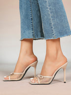 Pink Mesh Panel Bow Square Toe Heeled Mules Stiletto Slide Sandals Party Daily Wear