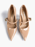 Elegant Nude Patent Pointed Stiletto Heels | Leather Strap with Gold Buckle ISHIFIVAN