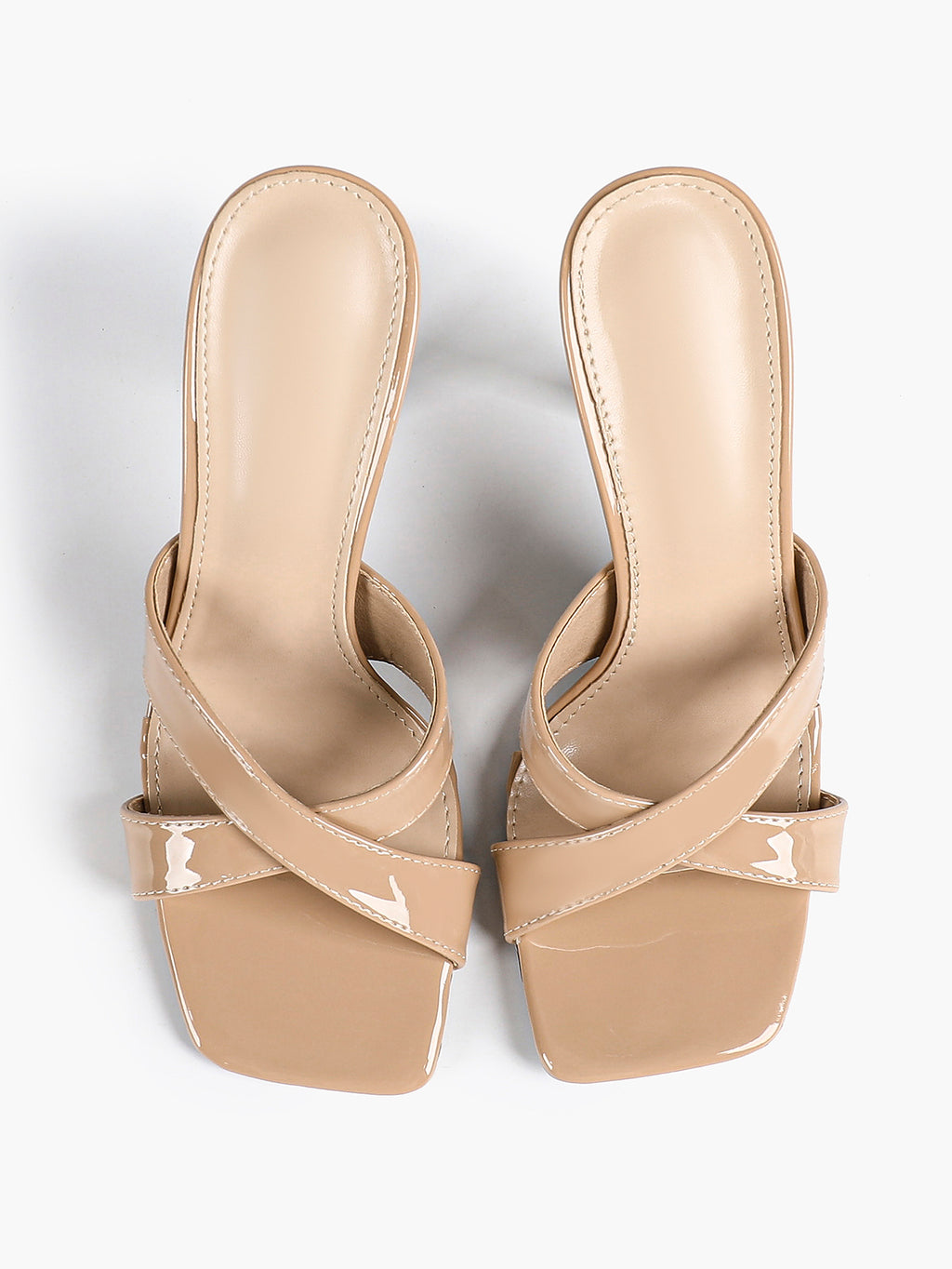 Women's Patent Leather Crisscross Strap High Heel Mules Square Toe Slip-On Stiletto Sandals