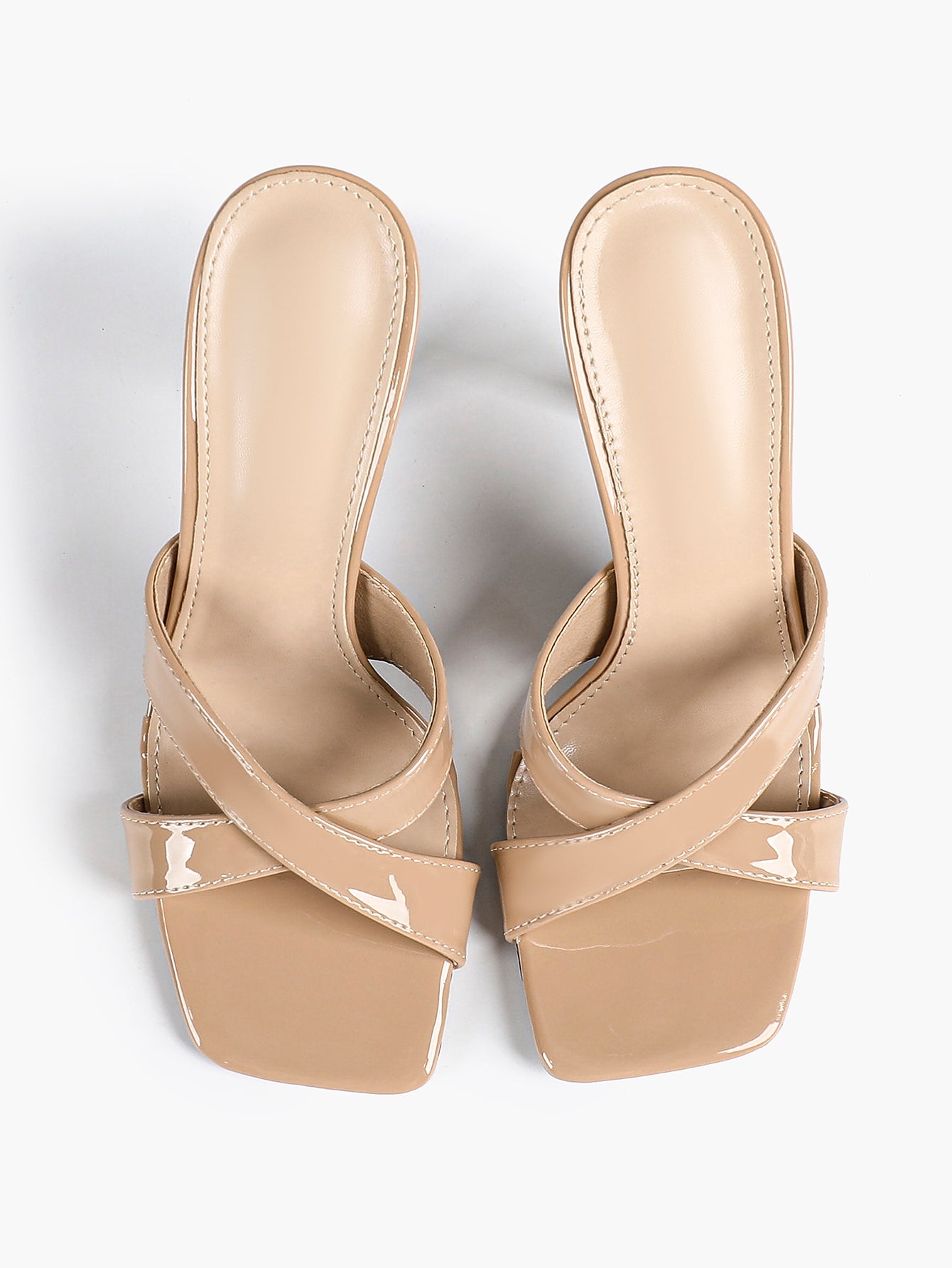 Women's Patent Leather Crisscross Strap High Heel Mules Square Toe Slip-On Stiletto Sandals