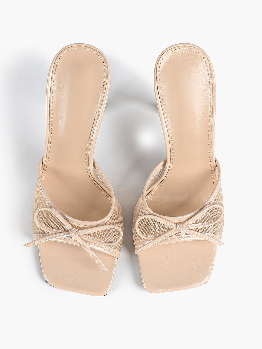 Pink Mesh Panel Bow Square Toe Heeled Mules Stiletto Slide Sandals Party Daily Wear