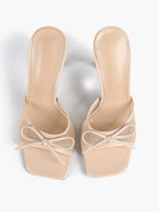 Pink Mesh Panel Bow Square Toe Heeled Mules Stiletto Slide Sandals Party Daily Wear
